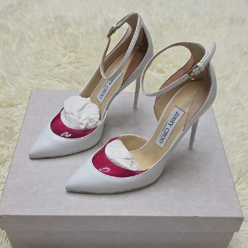 Jimmy Choo White Leather Pointed-Toe Pumps with Pink Accent
